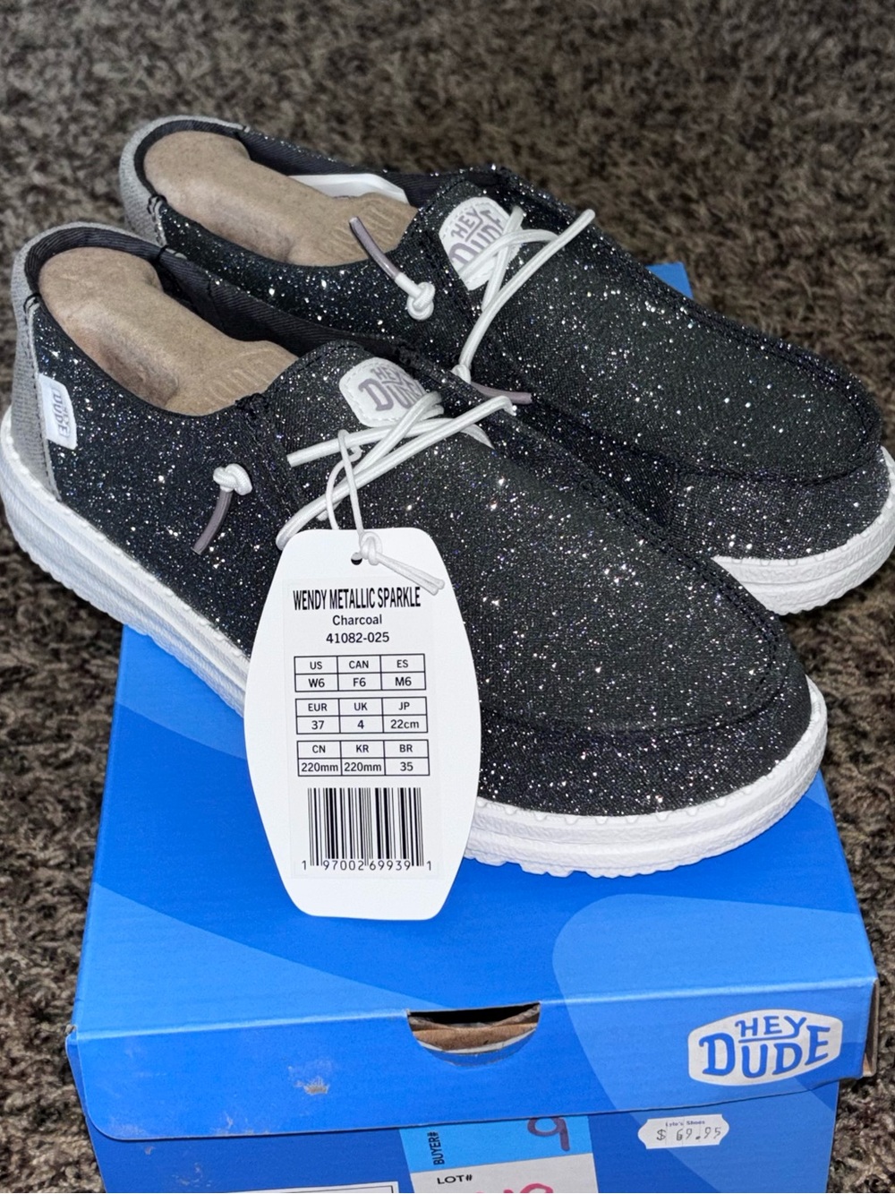 Hey Dude Wendy Metallic Sparkle Shoes Womens 6 Charcoal Slip On Casual Sneakers